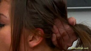 the slutty brunette babe with shaved pussy seduces her teacher