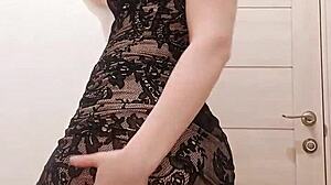 Milf in Dress Sucks Dildo and Teases Wet Pussy in Restroom! 😜