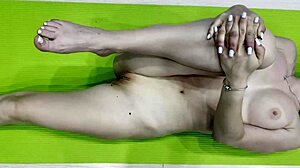 Russian student strips for intense naked yoga session. Her wet body shines!