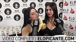 mielcita and almendra sucking banana with cream, swallowing it all, damn!