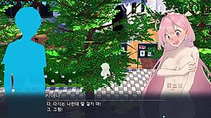 Hazuka Shiina wanders naked as a female college student in the game gallery, feeling vulnerable and exposed.