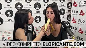 mielcita and almendra sucking banana with cream, swallowing it all, damn!