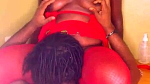 lady in red horny for shaved pussy licking