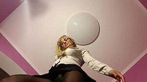 Blonde femdom turns him into a footstool