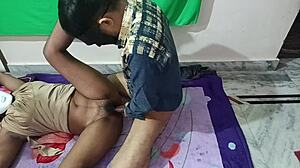 Indian housewife gets dirty with brunette girlfriend in bedroom alongside husband.