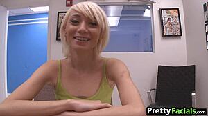 Tiny blonde teen receives cumshot on face