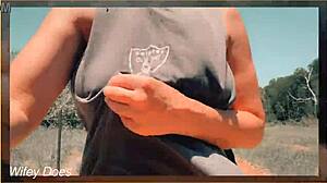 Horny wife dares to walk around nude, flashing big tits on public bench for voyeurs!