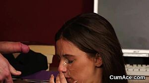 doll receives facial while sucking in pov