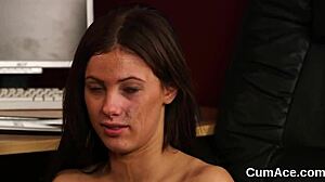 doll receives facial while sucking in pov