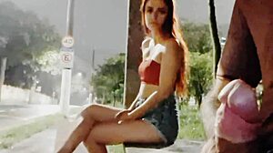 Risky public handjob at bus stop