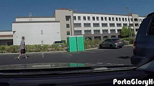 Chubby blonde sucks seven cocks in public, working up a sweat before cumshots.