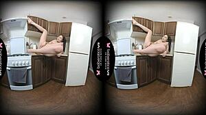 Solo girl Sara Bork has fun in the kitchen and pleases herself while her big tits are being touched in VR.