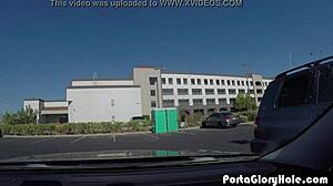 Chubby blonde sucks seven cocks in public, working up a sweat before cumshots.