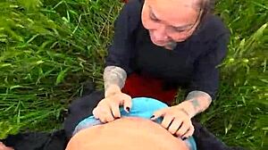 Deep throating pov blowjob field