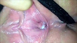 Lesklá mokrá amatérská kundička prstována v close-upu