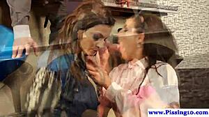 Group of babes urinating during a threesome