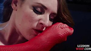 lezdom mistress queens her bonded sub in fishnets