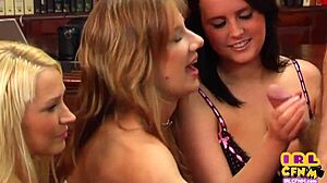 CFNM Fem Group in Lingerie Wanks One Cock Until Explosive Cumshot