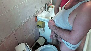 frina sneaks toilet handjob with mom's old husband... wild cum!