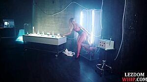 lezdom mistress queens her bonded sub in fishnets