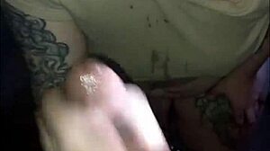 Tattooed latina in thong performs sloppy deepthroat blowjob and swallows everything.