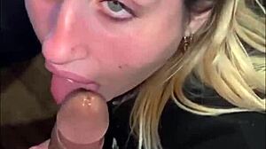 Tattooed latina in thong performs sloppy deepthroat blowjob and swallows everything.