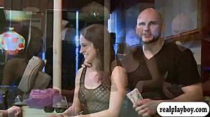 Two Pretty Petite Brunettes Get Intensely Pounded in Group for Money