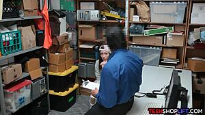 Security guard catches petite 18+ brunette teen stealing from the shop, leading to a blowjob in the back room.