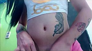 Transsexual Babe in Pink Undies Masturbating Close-Up on Cam