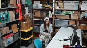 Security guard catches petite 18+ brunette teen stealing from the shop, leading to a blowjob in the back room.