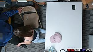 Security guard catches petite 18+ brunette teen stealing from the shop, leading to a blowjob in the back room.