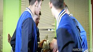 A wild gangbang orgy with raw bareback action among twinks.