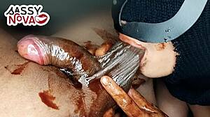 horny teen licks chocolate off black cock