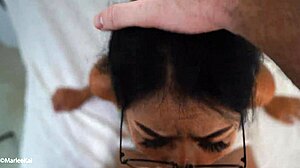 asian girlfriend’s glasses drenched in cum after wild blowjob.