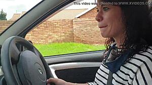 skinny brunette fingers tight pussy outside by car