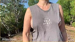 My wife dares to flash her ripped shirt and bare tits in public.