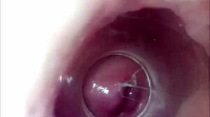 whoa, camera inside her pussy while she slams that huge dildo!