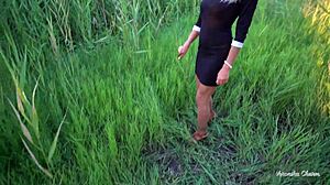 Cute blonde Veronika Charm sucks cock in the park and swallows cum in POV.