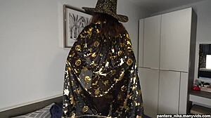 cute horny witch in black stockings sucks and fucks for halloween