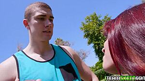 Amber C struggles to take coach's huge cock.