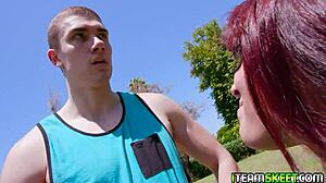 Amber C struggles to take coach's huge cock.