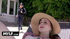 Milf cop Laney Grey busts Caitlin Bell in poolside action
