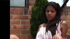 Brunette carina strips clothes on balcony outdoor