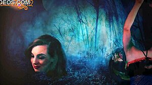 Brunette in Stockings Gives Demon Head on Halloween