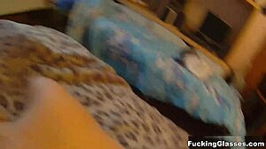 Teen 18+ Christina with glasses gets her shaved pussy fucked hard after jerking off and blowjob leading to cum.