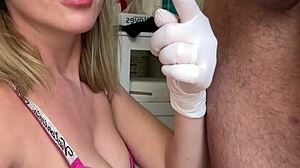 Klient s obřím pérem ošuká blond asistentku a vezme jí panenství!