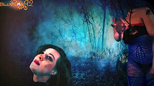 Brunette in Stockings Gives Demon Head on Halloween