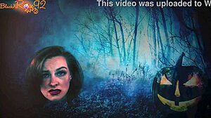 Brunette in Stockings Gives Demon Head on Halloween