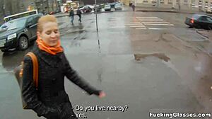 Teen 18+ Christina with glasses gets her shaved pussy fucked hard after jerking off and blowjob leading to cum.