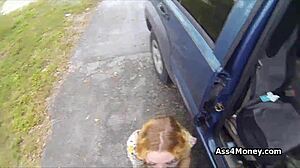 perky blonde gets paid for public blowjob